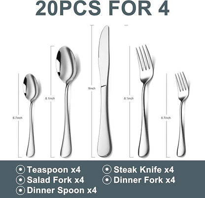 20 Piece Silverware Set with Steak Knives,Food-Grade Stainless Steel Tableware Cutlery Set for 4, Mirror Finished Flatware Utensil for Home Restaurant