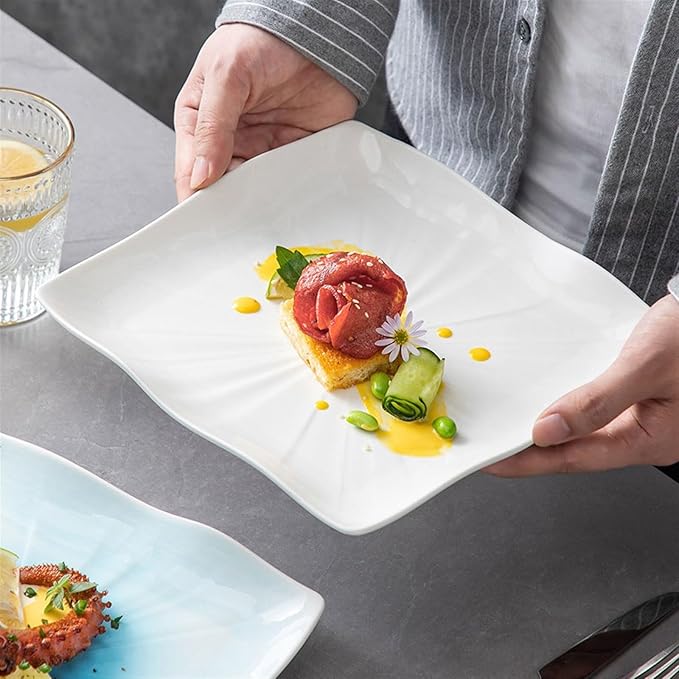 Dinner Plates Steak Plate Simple Square Ceramic Plate Creative Household Vegetable Plate Hotel Restaurant Tableware Serving Dishes(White,11 inch)