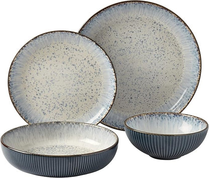 Tabletops Gallery Speckled Farmhouse Collection- Stoneware Dishes Service for 4 Dinner Salad Appetizer Dessert Plate Bowls, 16 Piece Jura Embossed Dinnerware Set in Smoky Blue