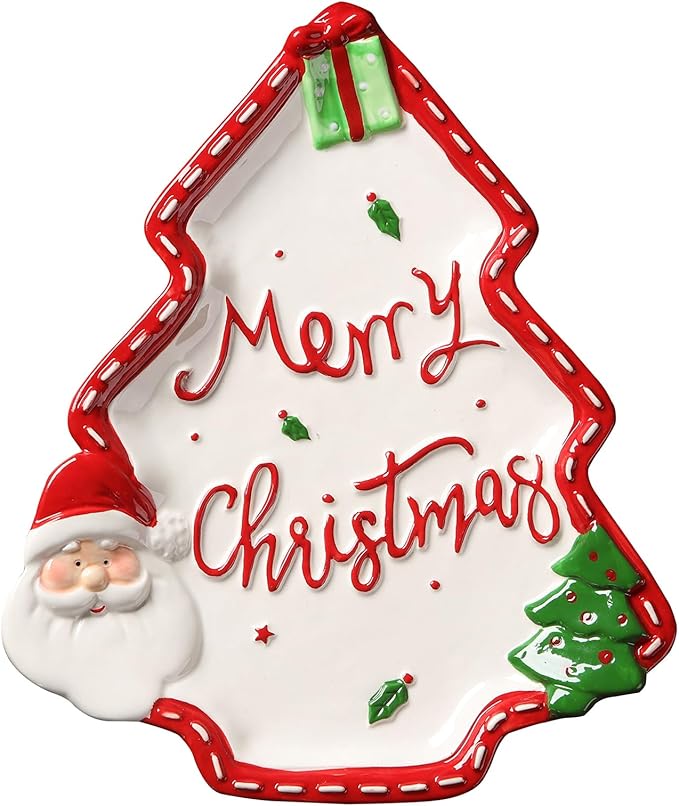 10.3 Inches Snacks Appetizer Trays Set, Christmas Tree Dessert Serving Dishes, Snack Platter, Food Cereal Salad Bowl, Santa Claus High Relief Bowl Ceramic Plate