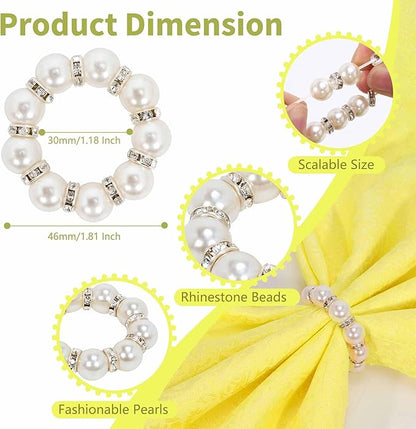 GENMOUS Set of 100 Silver Pearl Napkin Rings, Elegant Imitation Beaded Stylish Napkin Buckles for Formal Decor, White Napkin Ring Holders with Rhinestones for Weddings, Formal Dinners, Parties