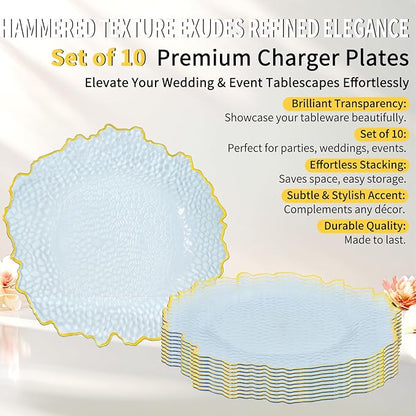 10 Pcs Clear Charger Plates 13 Inch Hammered Blue Plastic Charger Plates with Gold Rim, Transparent Blue Chargers for Dinner Plate, Stone Texture Plate Round Chargers for Wedding Party, Event