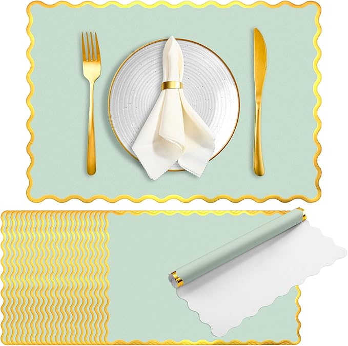150 Pcs Disposable Paper Placemats Bulk 10"x14" Rectangle Place Mats with Scalloped Edges Dining Table Mat for Wedding Birthday Easter Party Table Decoration(Sage Green)