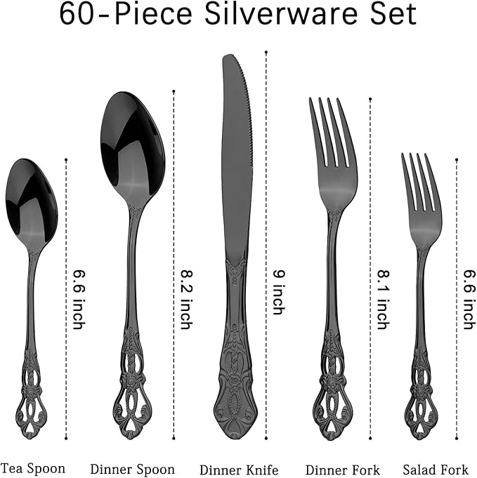 Retro Royal Black Silverware Set With Gift Box, 60-Pieces Cutlery Set Utensils Stainless Steel Flatware For 12 MIKIWAY Kitchen Tableware Set For Gifts Festive, Dishwasher Safe, Mirror Polishing