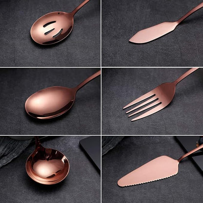 6-Piece Copper Serving Flatware Silverware Set,Stainless Steel Serving Utensil Set,Include Cake Server, Slotted Serving Spoon, Serving Spoon, Cold Meat Fork, Butter Knife, Soup Ladle