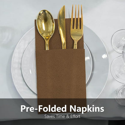 Umber Linen Feel Napkins with Flatware Pocket, 50 Pack Cloth Like Pre-Folded Napkins for Silverware, Guest Hand Towel for Dinner Party Wedding Decoration (16. x 15.5 inch)