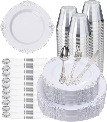 Goodluck 350 Piece Silver Plastic Dinnerware Set for 50 Guests, Fancy Disposable Plates, Include: 100 Silver Rim Plastic Plates, 150 Silverwares, 50 Pre Rolled Napkins, 50 Cups for Party, Wedding