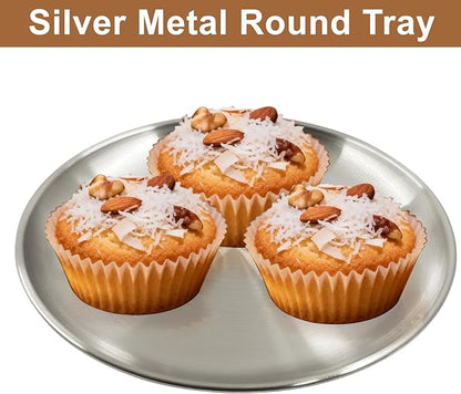 Piutouyar 26 cm / 10.24 Inch Round Serving Tray, Stainless Steel Circular Metal Platter, Decorative Tray Silver Dinner Dishes for Kitchen, Bathroom, Home