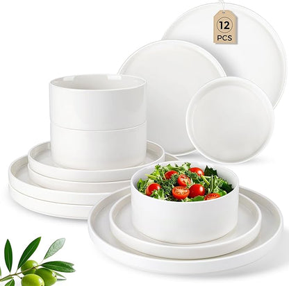 LERATIO Ceramic Dinnerware Sets,Handcraft Embossed Stoneware Plates and Bowls Sets,Highly Chip and Crack Resistant | Dishwasher & Microwave & Oven Safe Dishes set,Service for 4 (12pc)-White