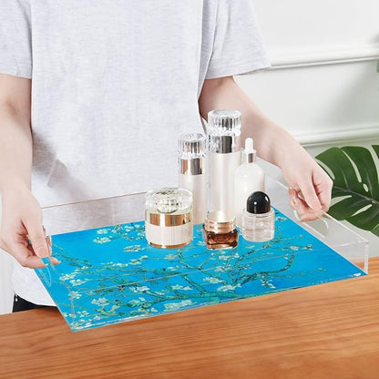 Serving Tray with Handles Clear Acrylic Tray 12x16 Inch Decorative Rectangular Tray Organizer for Ottoman Coffee Table Bathroom Van Gogh Almond Blossoms Blue