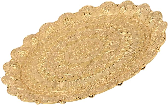 Turkish Vintage Style Embossed Tea Coffee Serving Tray, Round Metal Coffee Plate for Bar Outdoor Dessert, Retro Idea, Approx. 35cm/13.8in Diameter (Gold)