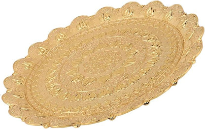 Turkish Vintage Style Embossed Tea Coffee Serving Tray, Round Metal Coffee Plate for Bar Outdoor Dessert, Retro Idea, Approx. 35cm/13.8in Diameter (Gold)