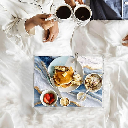 Serving Tray with Handles Clear Acrylic Tray 12x16 Inch Decorative Rectangular Tray Organizer for Ottoman Coffee Table Bathroom Blue Marble and Gold Lines