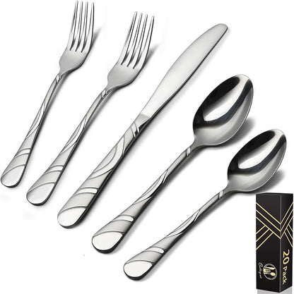 20-Piece Silverware Set for 4, 18/0 Frosted & Mirror Finish Stainless Steel Vintage Flatware Set, Modern Cutlery Set for Home Wedding Restaurant Housewarming Party Event Serving For 4