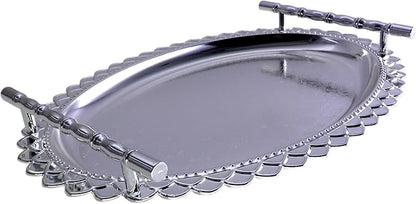 14.6 inch x 11 inch Oval Chrome Plated Silver Serving Tray with Handles Stylish Design Floral Plant Engraved Edge Party Birthday Dessert Buffet Platter Plate FST-084