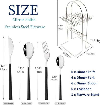 Silverware Set, 24 Piece Mirror Flatware Set With Stand, Stainless Steel Utensils With Black Handle, A Complete Cutlery Set For Most Families, Service For 6