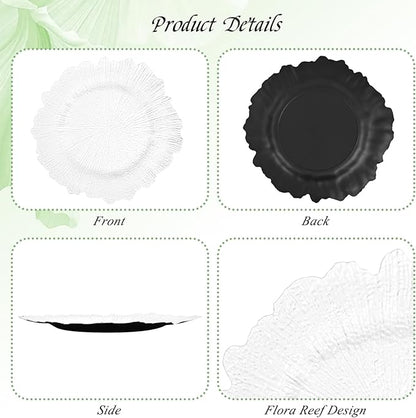 50 Pack White Charger Plates Bulk, 13" Plastic Reef Chargers for Dinner Plates, Round Charger Plate with Floral Reef Design for Dinner Wedding Party Table Setting Decoration