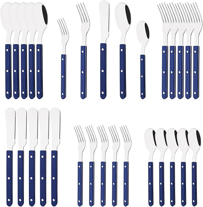 30 PCS Stainless Steel Flatware Set for 6, Silverware Set with Colored Handles, Retro Style Forks Spoons and Knives Set, Vintage Eating Utensils, Blue Acrylic Handle with Rivets Design