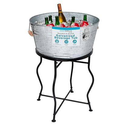 BirdRock Home Galvanized Beverage Tub with Stand | Bottle Opener | Party Drink Holder | Wooden Handles | Outdoor or Indoor Use | Free Standing