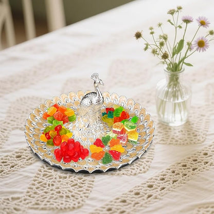 Fruit Dish Cosmetic Tray Peacock Sturdy Snack Storage Plate Vanity Storage Holder Serving Tray for Trinket Jewelry Wedding, Silver Orange Yellow