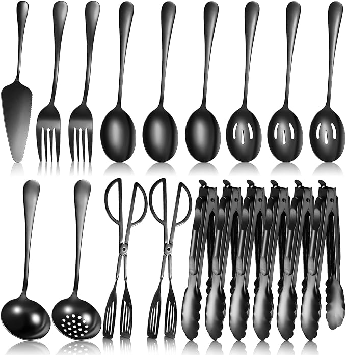 19 Pieces Serving Flatware Set Including Stainless Steel Spatulas, Forks, Spoons, Perforated, Soup, Skimmers Spoon, Buffet Tongs, Heavy Duty Serving Tongs for Home(Black)