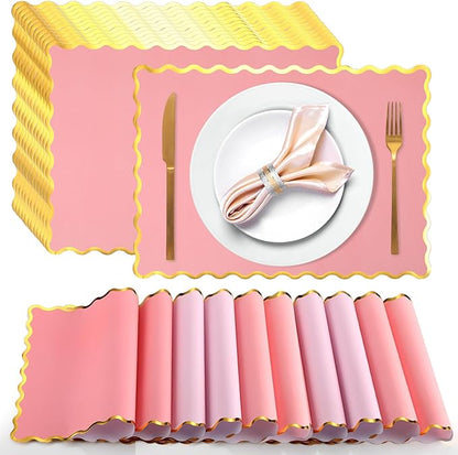 150 Pcs Disposable Paper Placemats Bulk 10"x14" Rectangle Place Mats with Scalloped Edges Dining Table Mat for Wedding Birthday Easter Party Table Decoration(Pink Series)