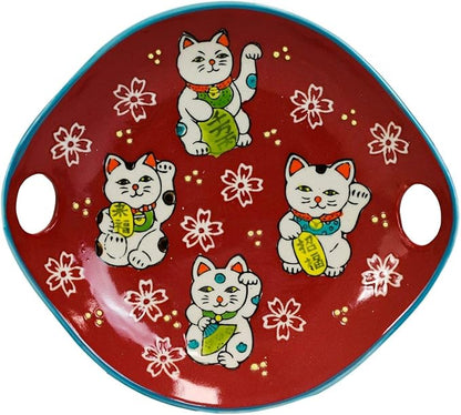 RiFHomDEc Pack of 2 Red Maneki Neko Lucky Cats Appetizer Coupe Plates with Chopsticks Set