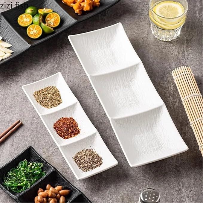 Appetizer Plates Matte Ceramic Seasoning Dish Soy Sauce Vinegar Dish Dessert Plate Sushi Plate 3 Grids Snack Plate for Condiment(Black,Large)
