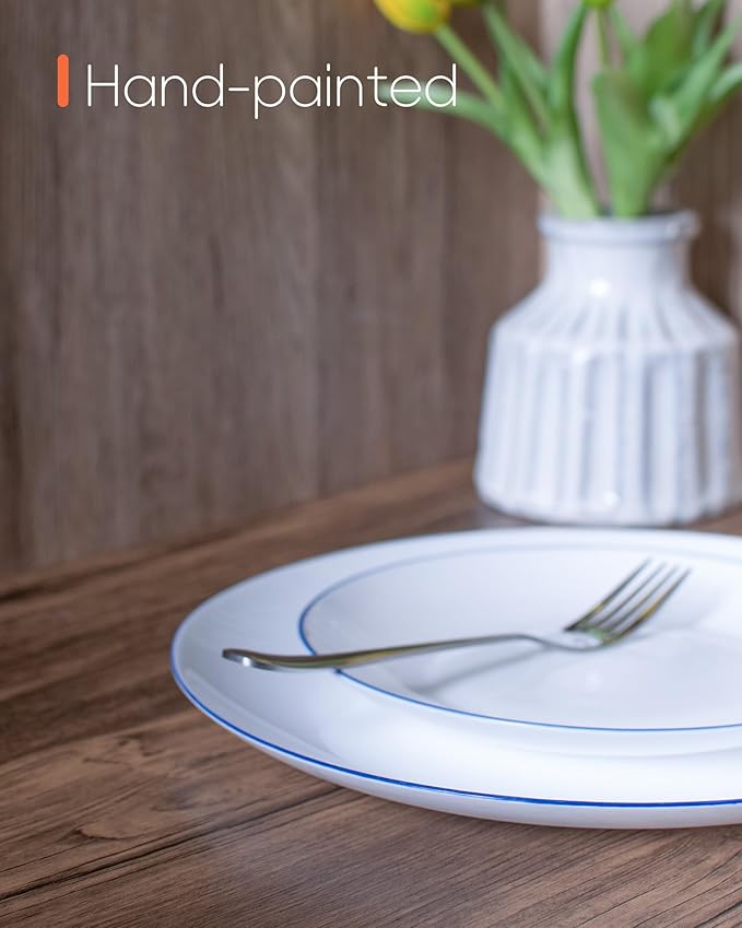 10.5 inch Dinner Plate Set of 6, Lightweight Round Opal Glass Dinnerware Plates, Dishwasher and Microwave Safe, Hand Painted Navy Blue Rim