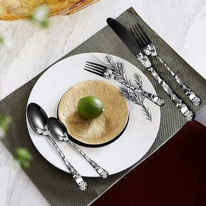 XIAOYU 40-Piece Halloween Themed Skeleton Silverware Set, Metal Flatware Set Serving for 8, Gothic Unique Skeleton Pattern Design, Durable Cutlery Set for Halloween Easter Christmas, Rose Gold