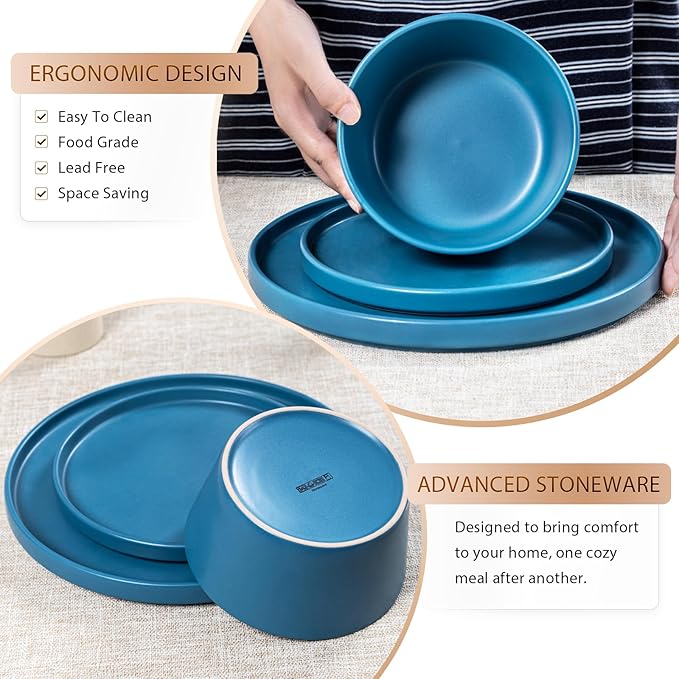 Plates and Bowls Sets for 4 - CJDC-QUELO 16 Piece Stoneware Dinnerware Sets with Mugs, Ceramic Dishware Sets for Kitchen Dining Use, Chip and Scratch Resistant Microwave Dishwasher Safe, Blue