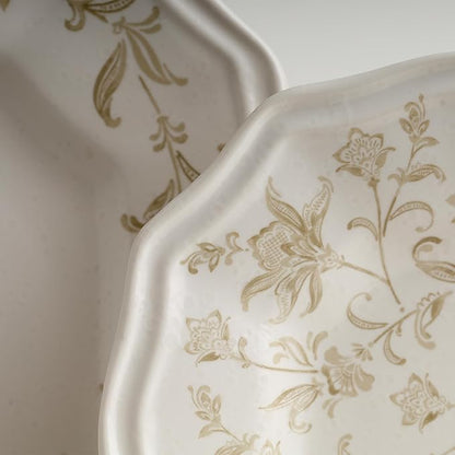 222 Fifth 12-Piece Porcelain Dinnerware Set for 4, Glossy Cream Plates and Bowls Set with Taupe Flowers, Elegant Square Ceramic Dish Set, Kitchen Tableware, Microwave & Dishwasher Safe, Batik Toile