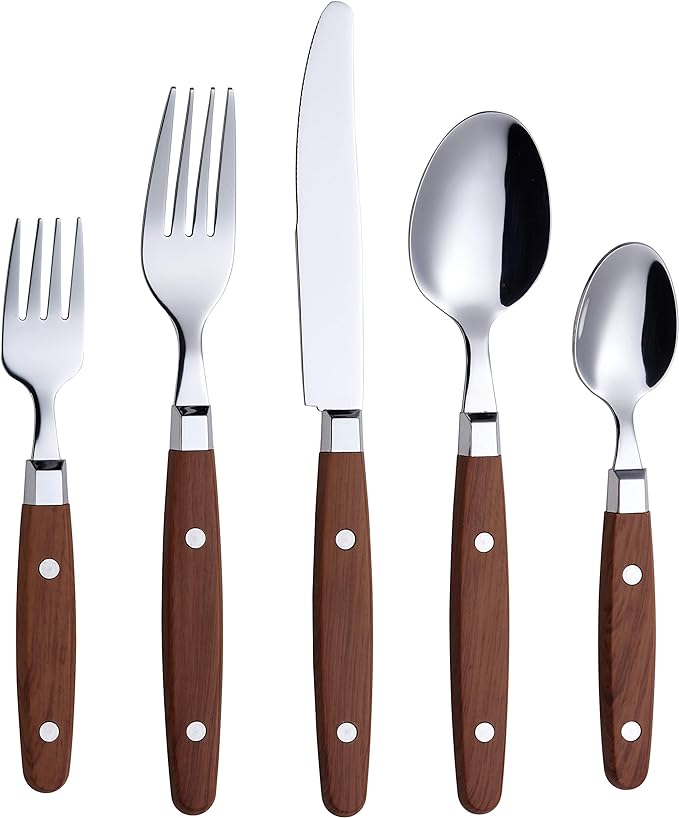 ANNOVA Silverware Set, Retro/Rivet Colorful Stainless Steel Tableware Kitchen Flatware Set Utensils, Includes Dinner Knives, Forks, Spoons, Salad Forks & Dessert Spoons (Wood, 20 Pieces)