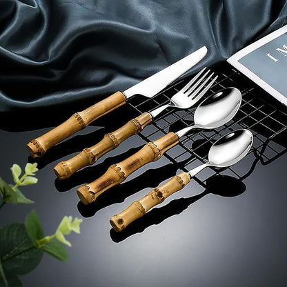 90-piece bamboo silverware cutlery set for 18, bamboo handle cutlery set reusable, flatware stainless steel, forks and spoons set for eating,dishwasher safe