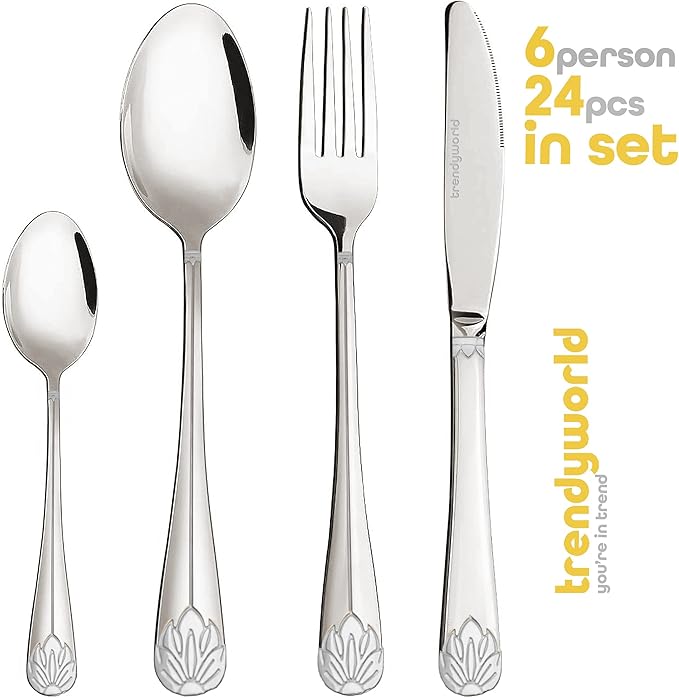 24-Piece Silverware Flatware Cutlery Set, Stainless Steel Utensils Service for 6, Knife/Fork/Spoon, Mirror Polished