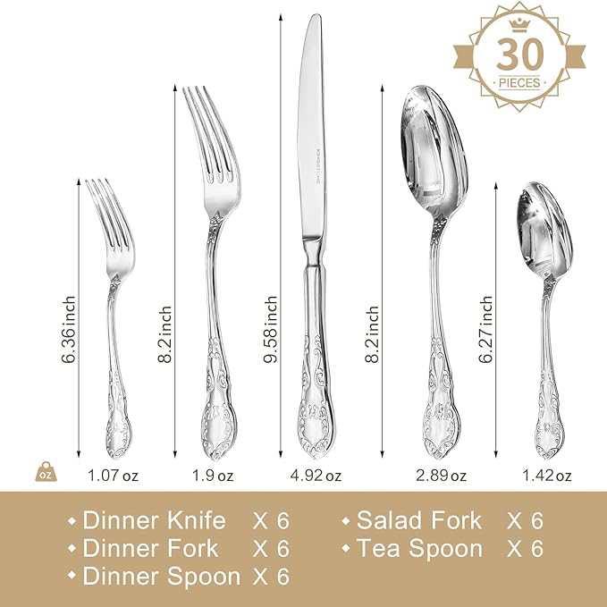 KINGSTONE Vintage Silverware Set, 30-Piece 18/10 Stainless Steel Retro Royal Flatware Cutlery Set for 6 with Carved Thick Handles, Tableware Utensils for Home,Party,Restaurant,Wedding,Dishwasher Safe