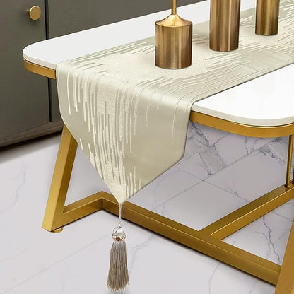 Beige Table Runner 98 Inches Long Abstract Lines Geometric Table Runners with Ring Stylish Tassels for Living Room Bedroom Holidays Events Dinner Dresser Art Decor