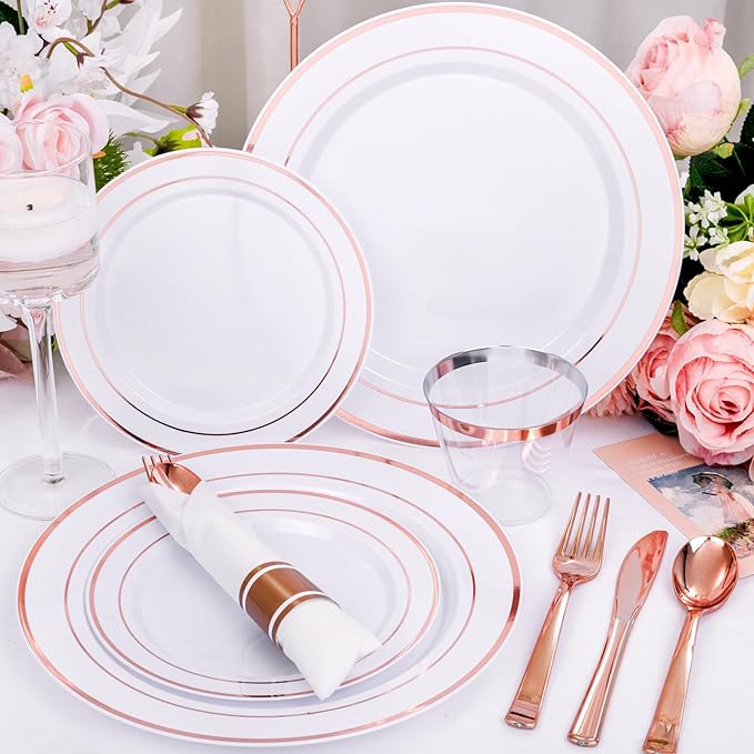 DaYammi 350PCS Rose Gold Plastic Dinnerware Set for 50 Guests, Plastic Plates for Party Include: 50 Dinner Plates, 50 Dessert plates,50 Pre Rolled Napkins with Rose Gold Silverware,50 Cups for Wedding