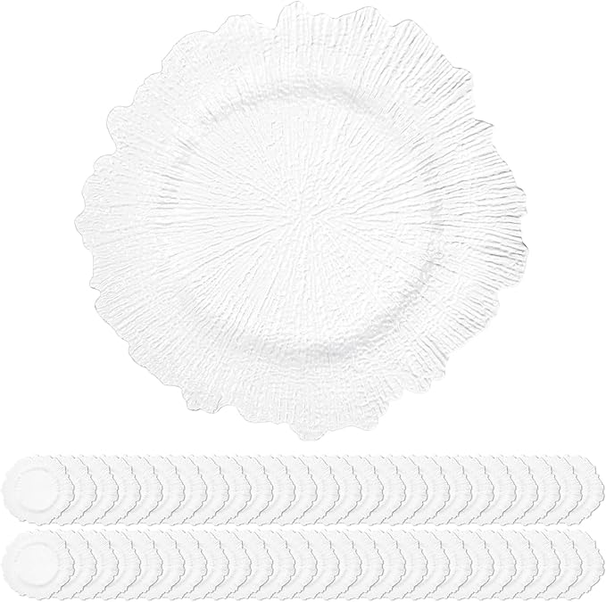 50 Pack White Charger Plates Bulk, 13" Plastic Reef Chargers for Dinner Plates, Round Charger Plate with Floral Reef Design for Dinner Wedding Party Table Setting Decoration