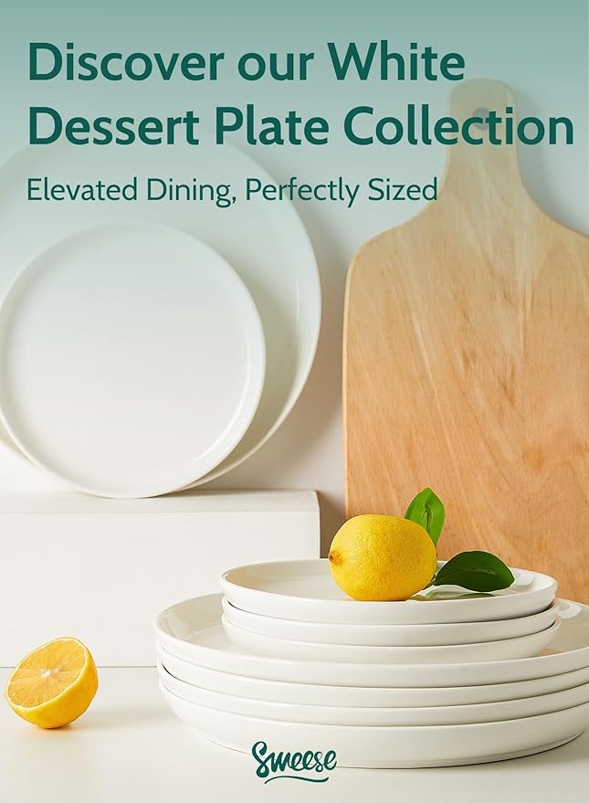 Sweese 7.4 Inch Porcelain Dessert Plates, Set of 6 - Stackable, Microwave Oven Safe - White