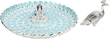 Peacock Shape Fruits Serving Tray, Zinc Alloy Fruits Storage Dish Trinket Decorative Plate with Detachable Peacock, for Vegetables, Snacks, Bread, Candy (Silver Light Blue)