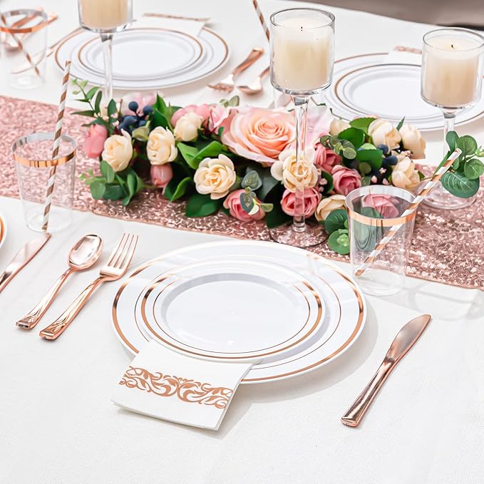 175PCS Rose Gold Dinnerware Set for 25 Guests, Rose Gold Rim Plastic Disposable Plates for Party Wedding Include 25 Dinner Plates, Dessert Plates, Silverware Set, Napkins, Cups