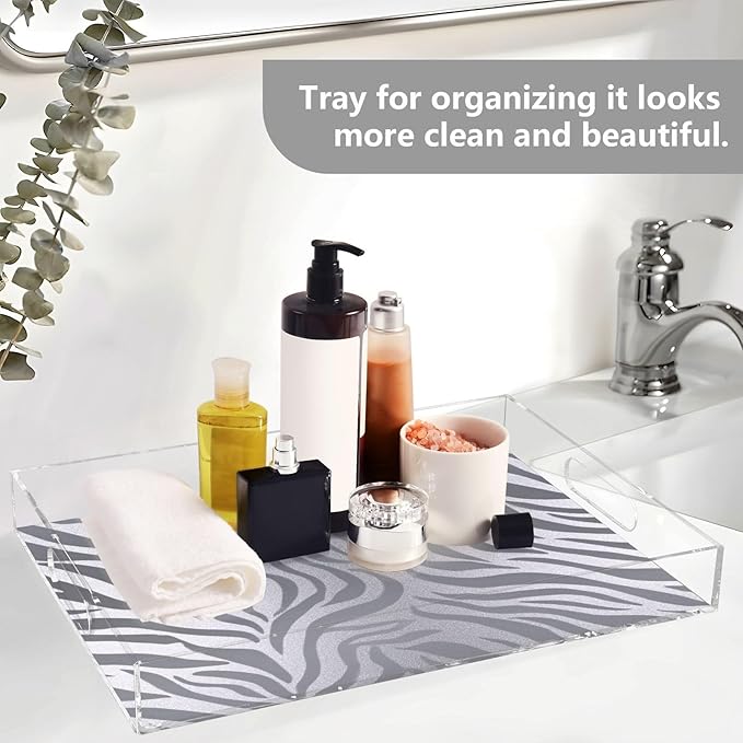 Serving Tray with Handles Clear Acrylic Tray 12x16 Inch Decorative Rectangular Tray Organizer for Ottoman Coffee Table Bathroom Light Silvery Zebra Print