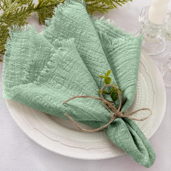 Socomi Set of 12 Linen Napkins Sage Green Easter Spring Cloth Napkins Washable Fringe 17"x17" for Wedding Party Bridal Baby Shower Birthday Table Decorations