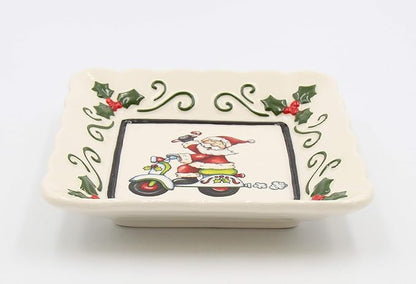 Fine Ceramic Santa Riding Moped Scooter Dessert Appetizer Square Plates Set of 3 (3 pieces Set), 5-1/2"