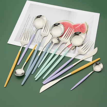 Silverware Set, 24 Pcs Stainless Steel Flatware Cutlery Set, Knives Forks and Spoons Set with Colored Handles, Rust-proof Serving Utensils, Mirror Polished, Service for 6 (Silver+Green)