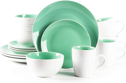 Stoneware Coupe Shape 16pc Dinnerware Set, Outside White + Inside Teal