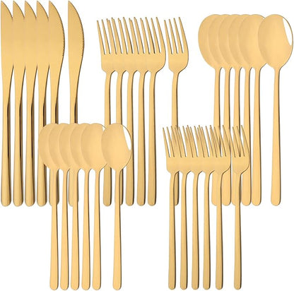 30 Pieces Silverware Set, Gold-Flatware Cutlery Set Service for 6, 18/8 Stainless Steel Tableware Eating Utensils for Home/Hotel/Restaurant, Mirror Polished, Dishwasher Safe