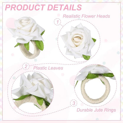 uxcell 4Pcs Flower Napkin Rings, Handmade Rose Napkin Ring Holders Buckles Table Decorations for Christmas Thanksgiving Valentine Decor Wedding Parties, Banquet, Home, White
