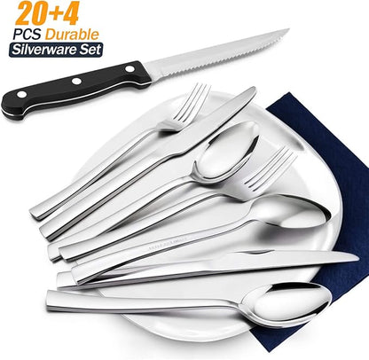 HaWare 24-Piece Silverware Set with Steak Knives, Solid Stainless Steel Modern Elegant Flatware Utensils, Ergonomically Designed, Mirror Polished & Dishwasher Safe